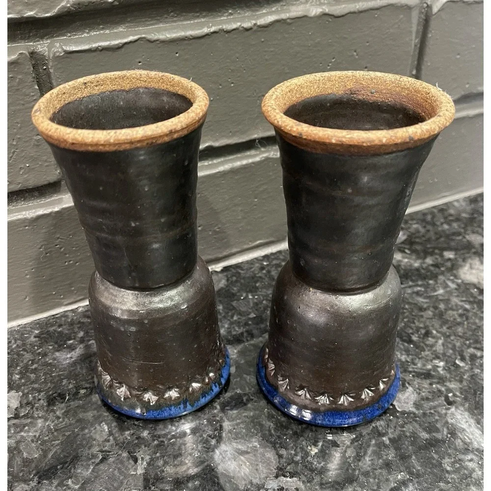 Handmade Studio Pottery Goblets Pair Gunmetal Cobalt Blue Stoneware Chalice 4oz